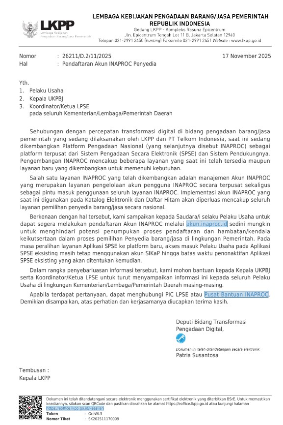 Penyampaian pendaftaran Akun INAPROC bagi penyedia melalui akun.inaproc.id